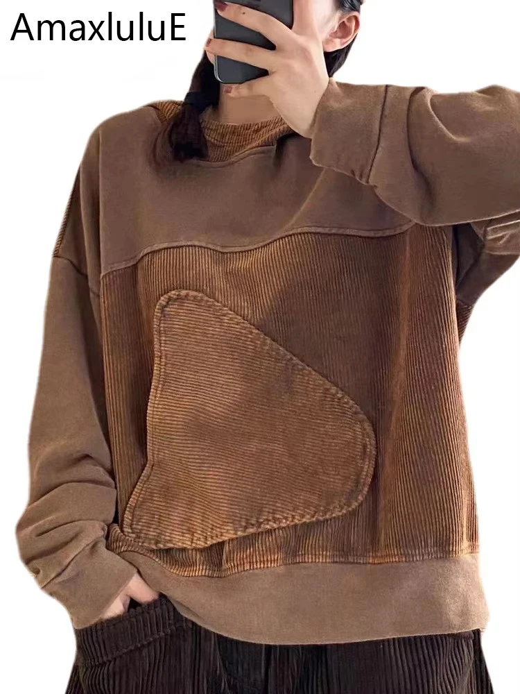 

Amax luluE Fashion Hoodies Womens 2024 Casual Loose Autumn Hooded Corduroy Sweatshirts Ladies Spring Classic Patchwork Clothes