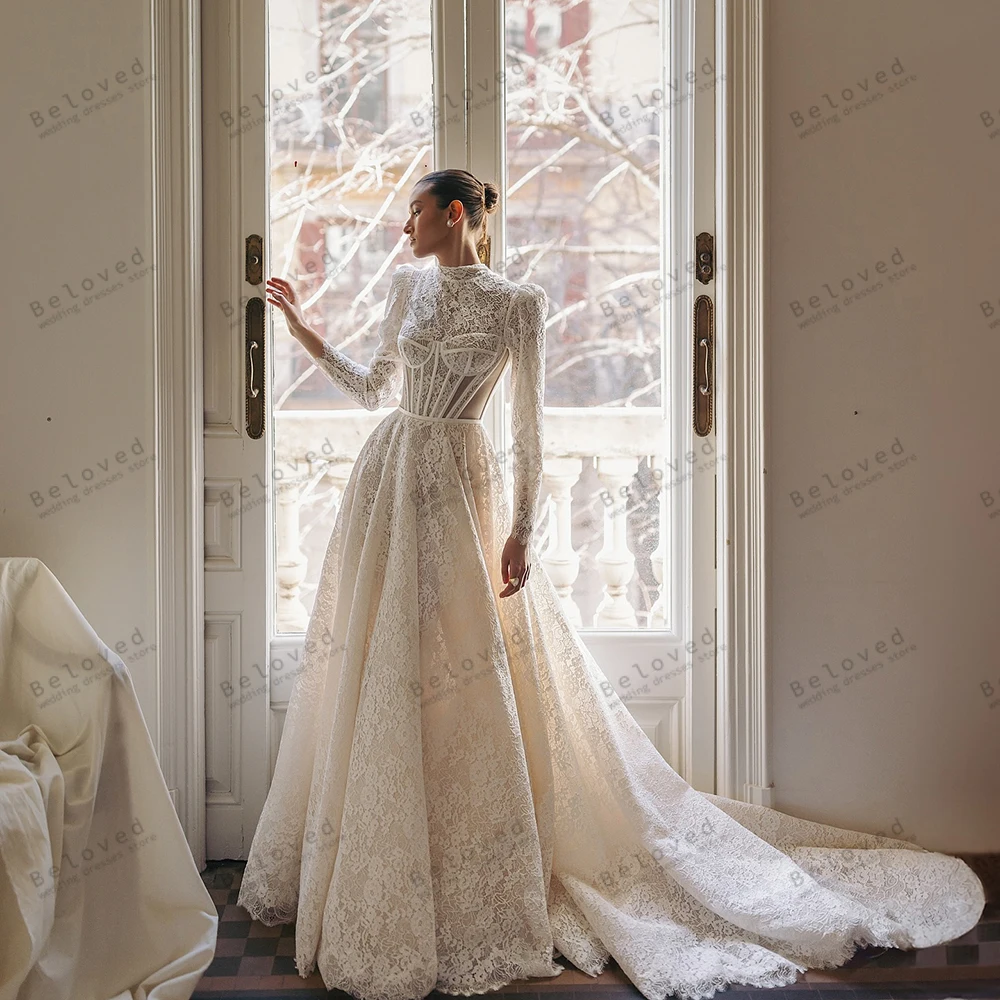 ชุดแต่งงานทรงเอไลน์สุดหรู ผ้าลูกไม้ระบายชั้นๆ สำหรับงานเลี้ยงอย่างเป็นทางการ แขนยาว ชุดเจ้าสาวแบบสั่งตัด ปี 2026