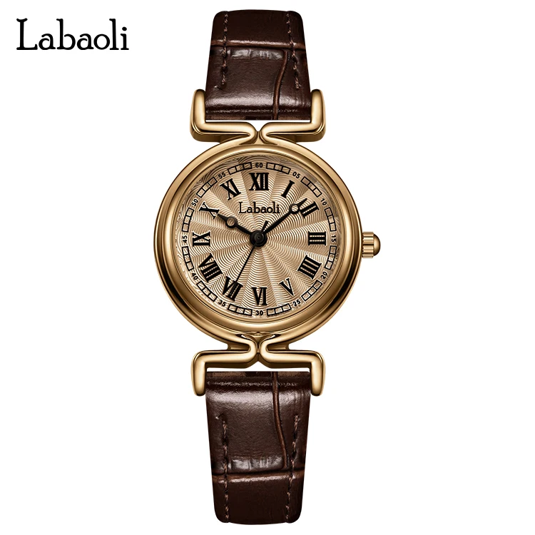 Classic Roman Numerals Watch for Women Quartz Wristwatch Luxury Ladies Clock Soft Leather Strap Elegant Style Gold Brown Reloj