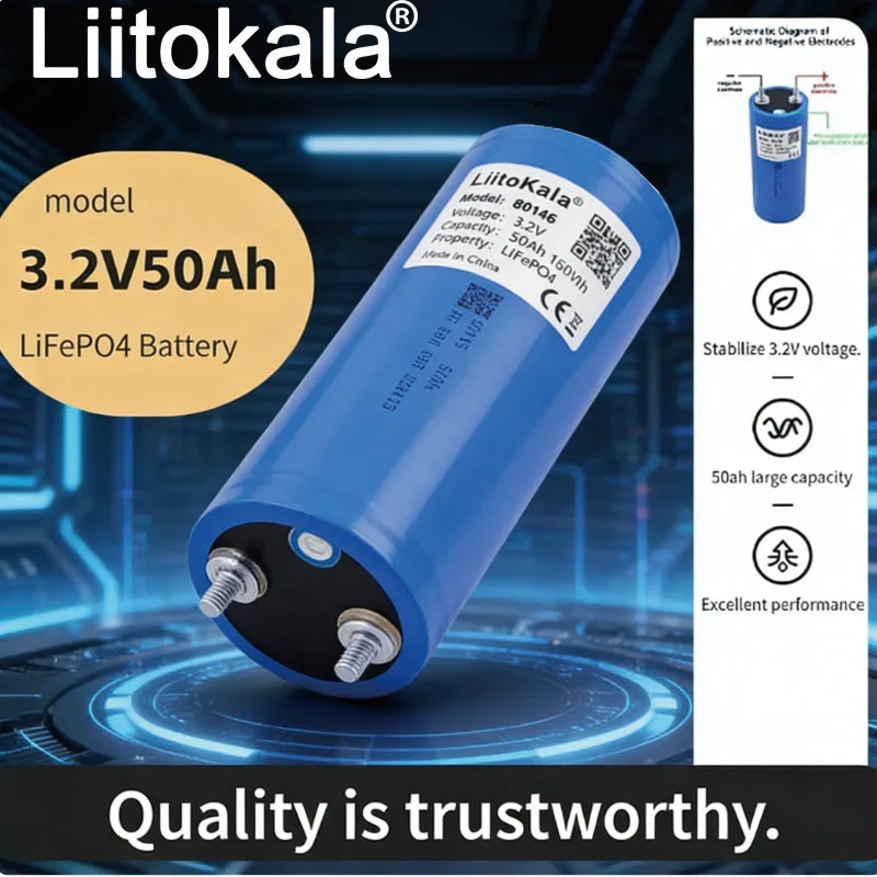 Liitokala 3.2V 50Ah 60145 LiFePO4 Battery Off-Grid Solar Energy System for Cars Golf Carts Camping Trips - 12V 24V 36V Compatibl