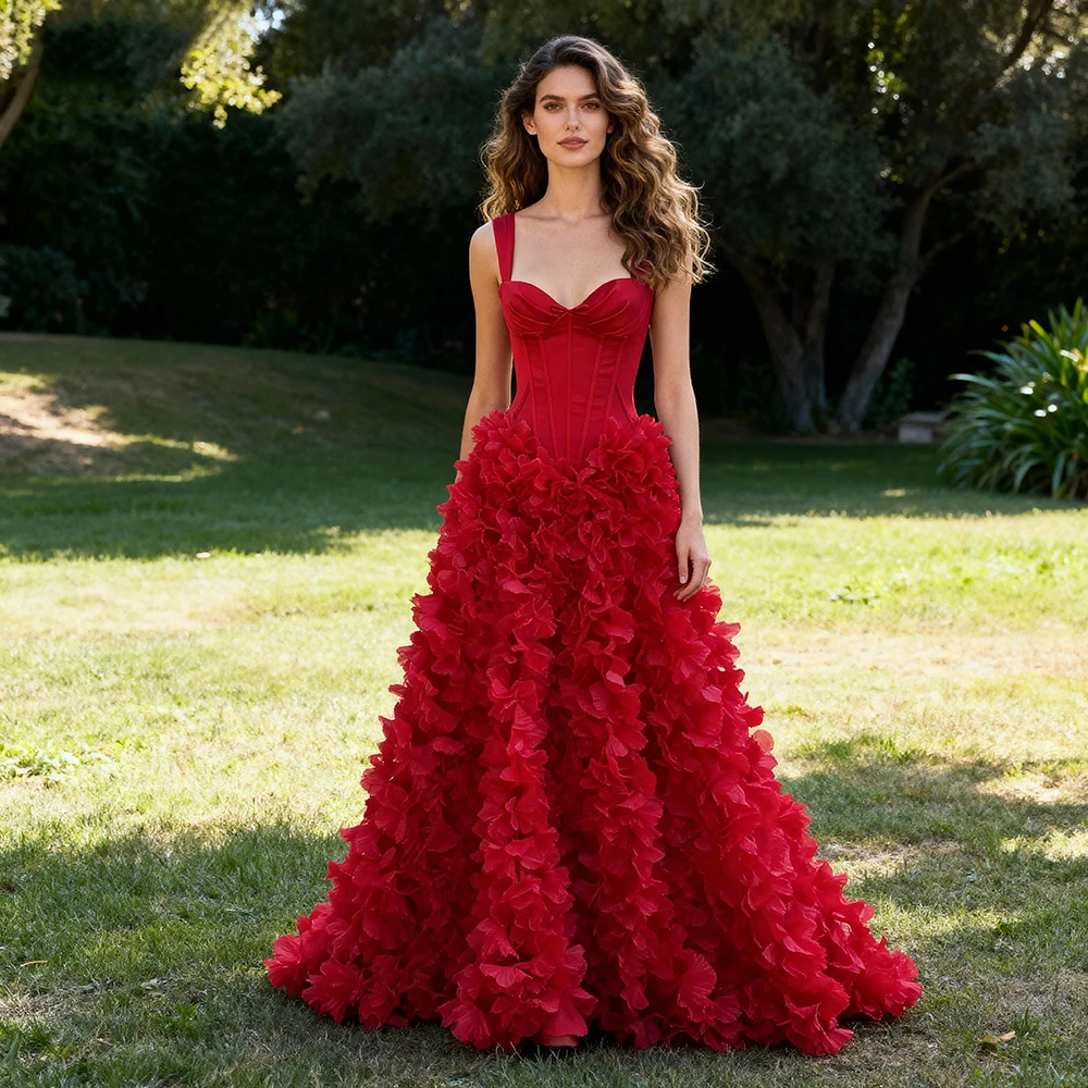 

Red Woman Ceremony Dress with Hand Crafted Floral Appliques Elegant Cocktail Dresses for Parties Red Carpet Wedding Dresses Gala