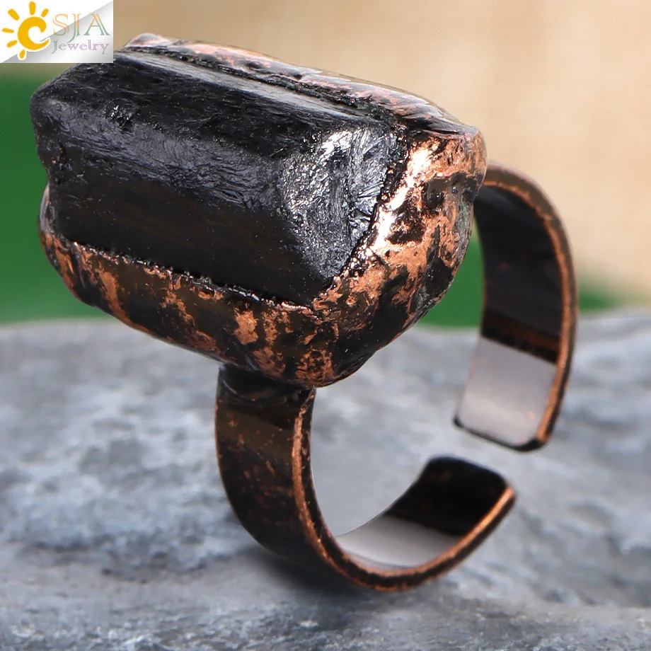 1 шт., кольца на палец из натурального черного турмалина для мужчин и женщин, нерегулярные драгоценные камни, хрустальные бусины, открытые регулируемые бронзовые кольца H622