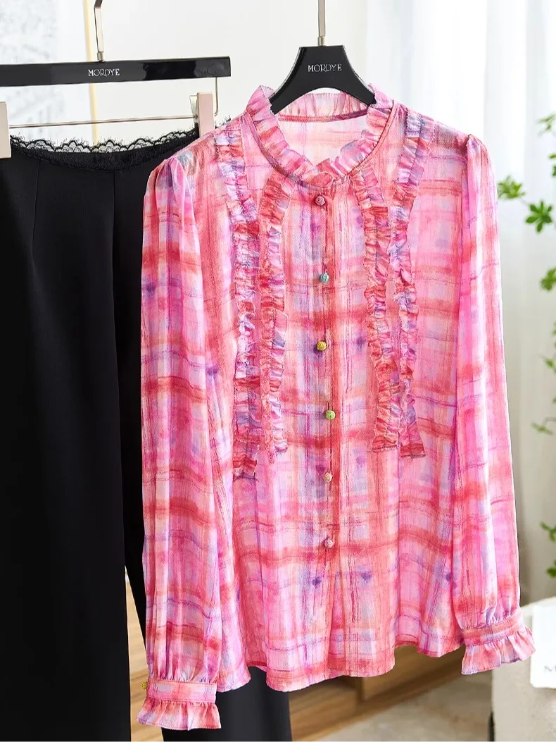 

Elegant Long Sleeve Shirt Women's Cotton Gradient Pink Floral Lace Trim Top Commute Style Straight Cut Button Decoration