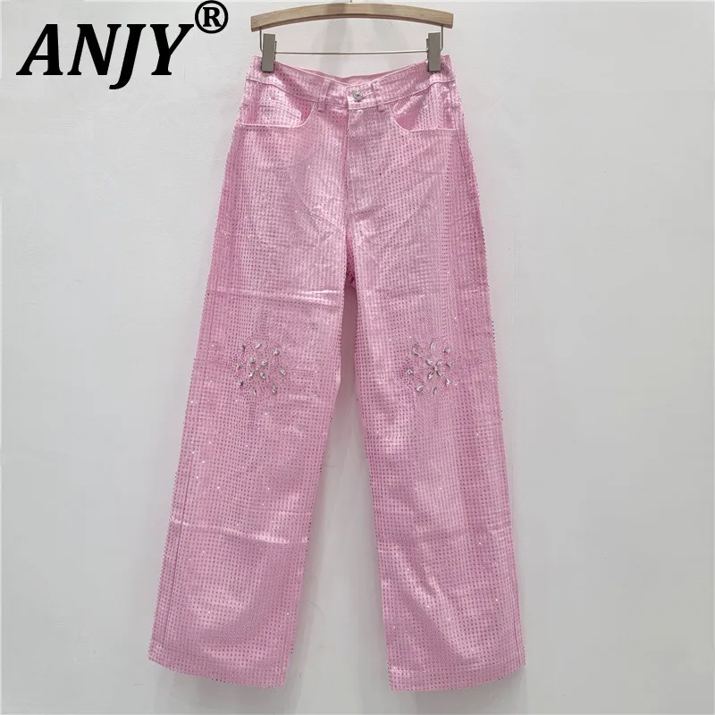 

ANJY 2023, весенне-осенние новые женские джинсы с блестящим дизайном, тонкие прямые джинсовые брюки ручной работы с цветочным принтом, модные уличные джинсовые брюки A14055