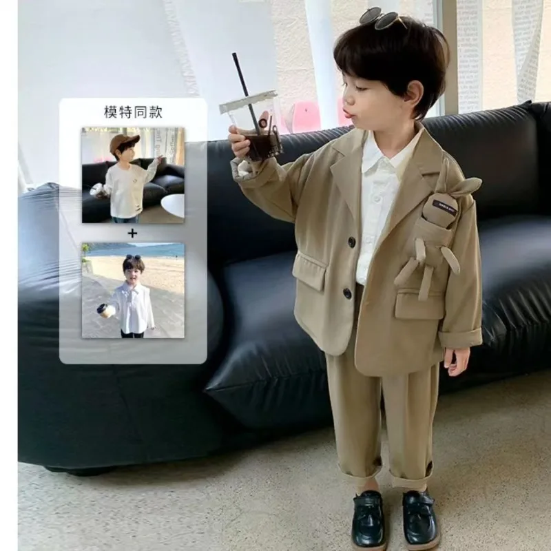 طقم بدلة للأولاد 2025، ملابس كاجوال للأطفال، موضة جديدة للربيع والخريف، النسخة الكورية، طقم سراويل بأكمام طويلة مكون من قطعتين #4