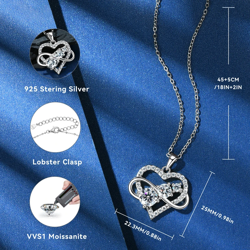 2024 Original 925 Silver Infinity Moissanite Heart Pendant Necklace D1.60CT Round Cut Lab Diamond Neck lace Women's Jewelry Gift