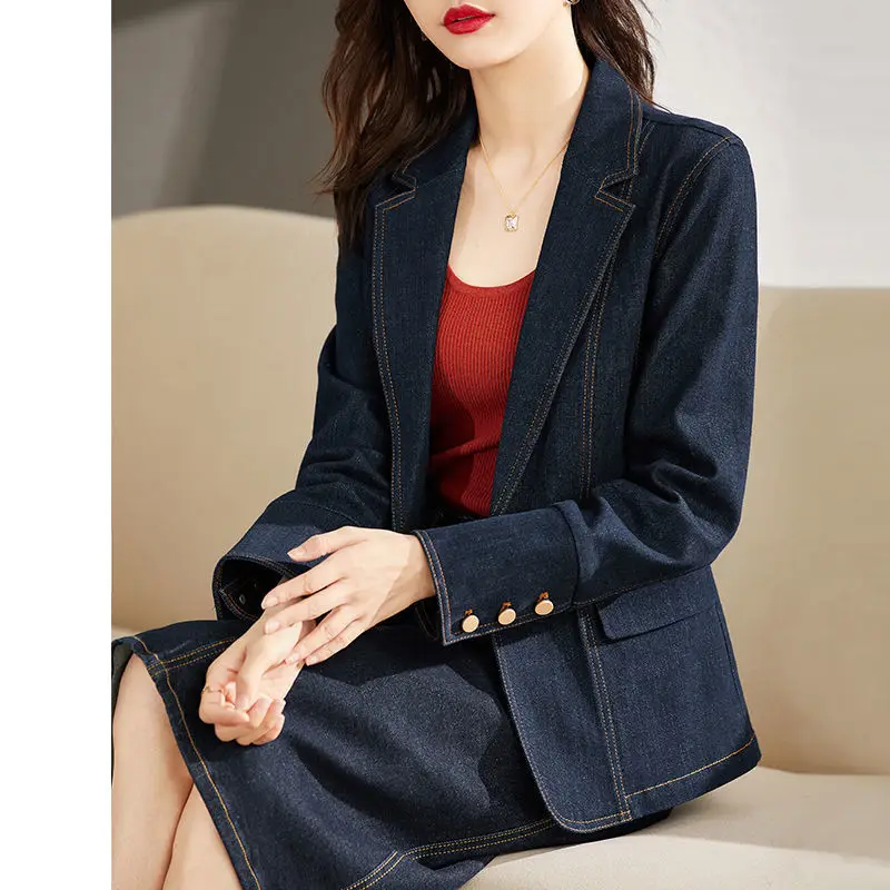 New 202 Spring Autumn Vintage Blazer Women Jeans Jacket Casual Tops Loose Short Denim Blazer Outwear Female Basic Coat Overc