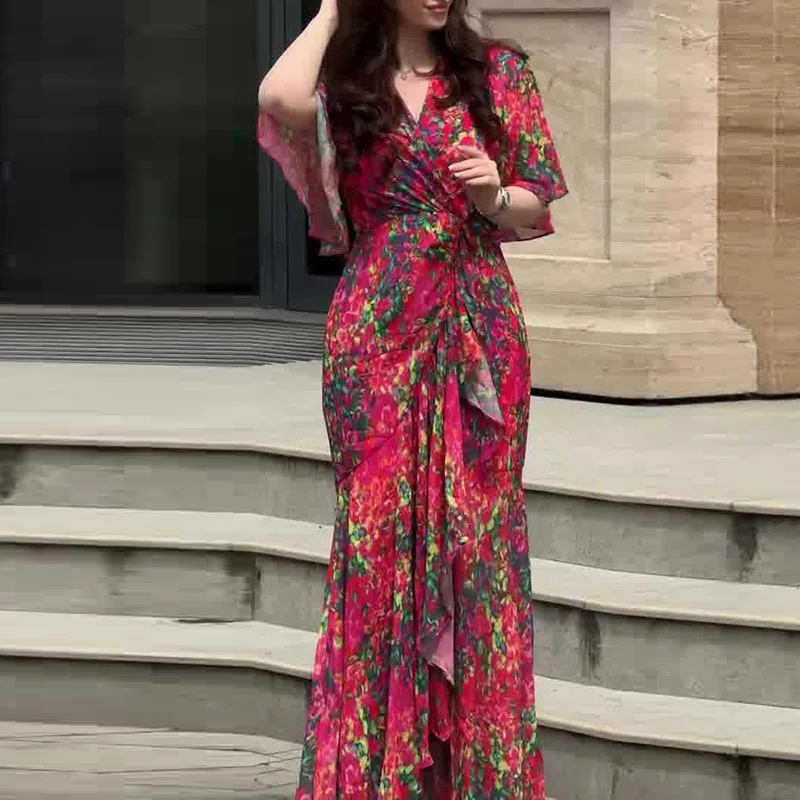 Spring Elegant Floral Print Ruffle Evening Dress Women's Sexy V Neck High Waist Slim Long Dress Summer Short Sleeve Boho Dresses