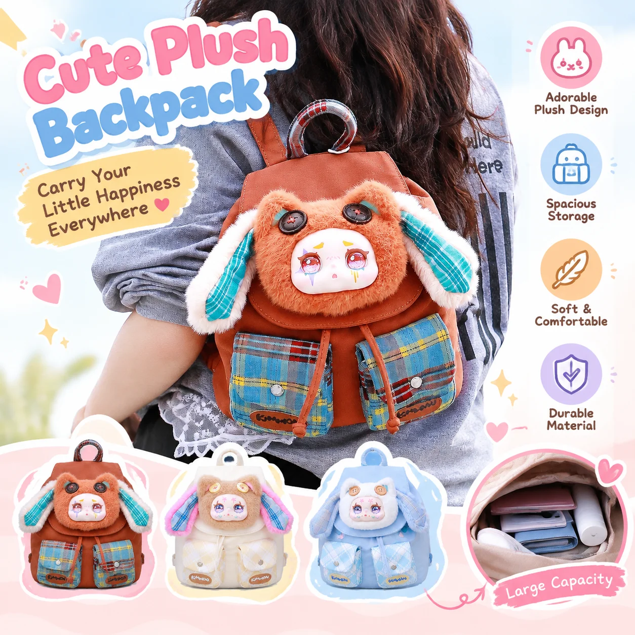 Kimmon Cute Cartoon Plush Backpack Lightweight Travel Daypack Casual Shoulder Bag For Women Outdoor Daily Use