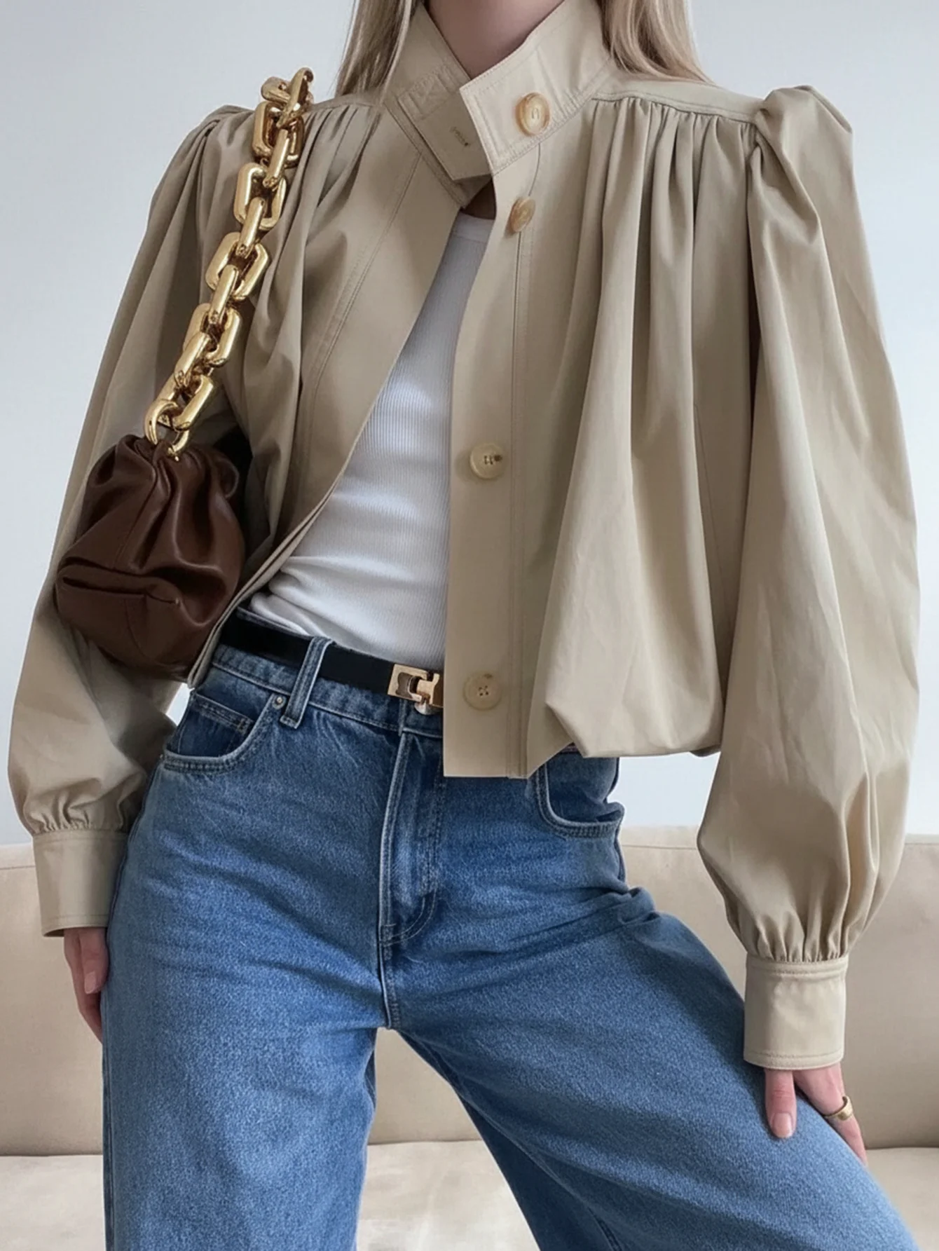 

New Casual Vacation Elegant Commute Business Casual Lapel Long Sleeve Khaki Textured Twill Women Jacket, Early Autumn