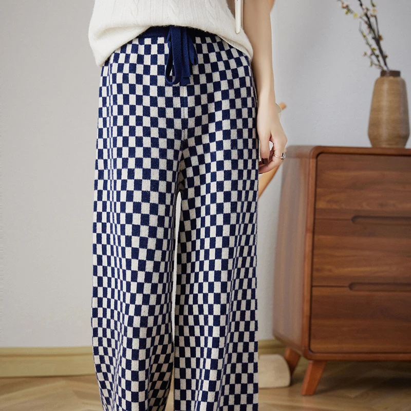 Autumn and winter new 100% pure wool wide-leg pants women's Joker casual pants plaid high waist loose cashmere pants.