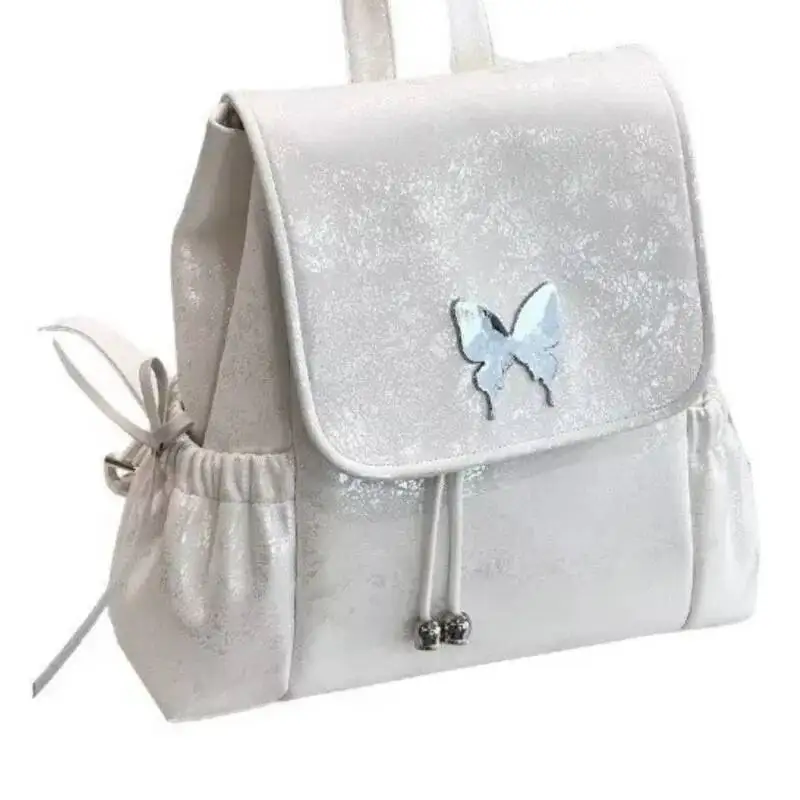 White Ballet Style Women Bow Butterfly Patch Large Capacity Backpack Ladies Elegant Gentle Exquisite Mochilas Mujer New