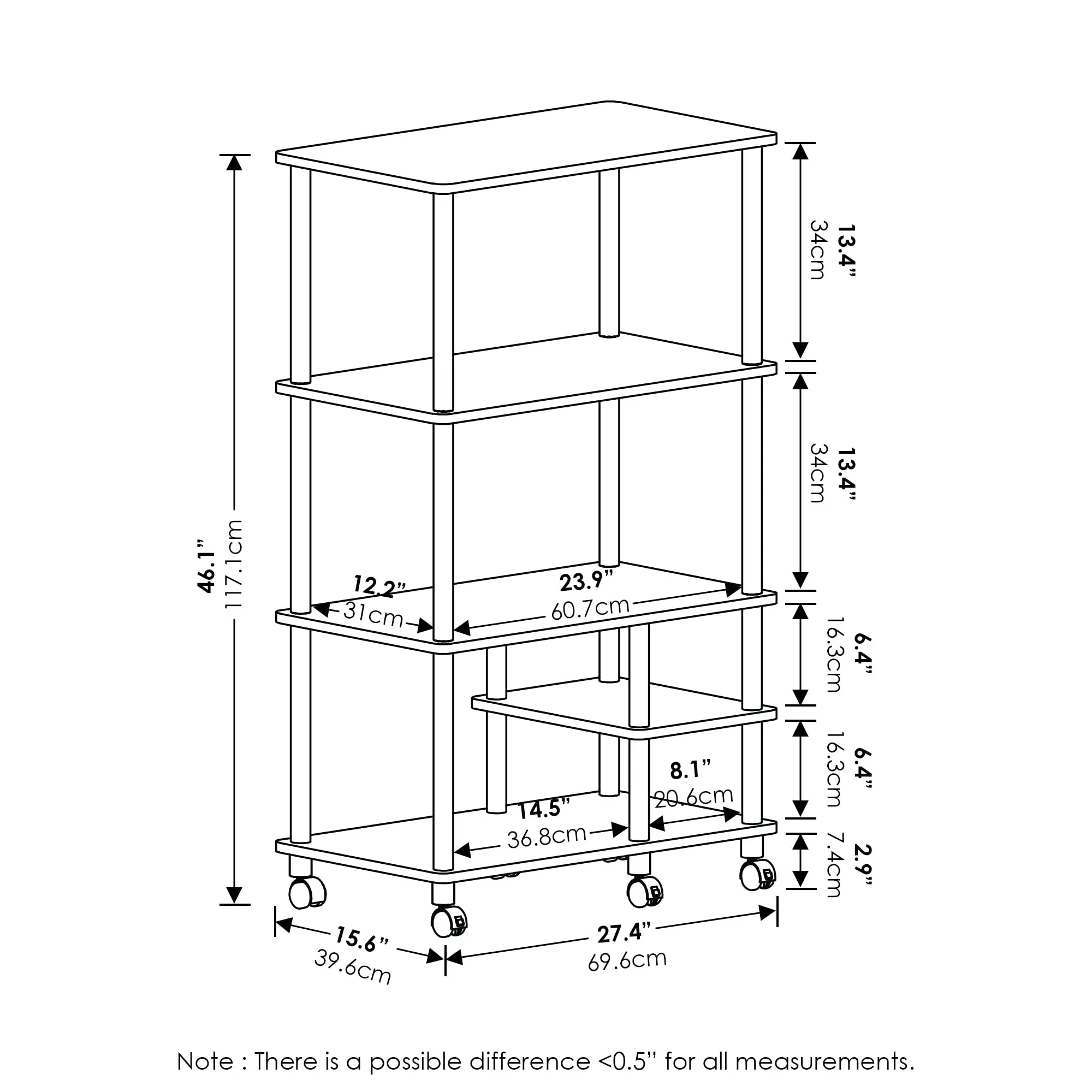 Turn-N-Tube 4-Tier Tooll Kitchen Storage Shelf Cart, Americano/Black