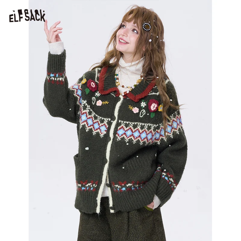 

ELFSACK Cottagecore Christmas Style Stripe Floral Graphic Loose Sweater For Women
