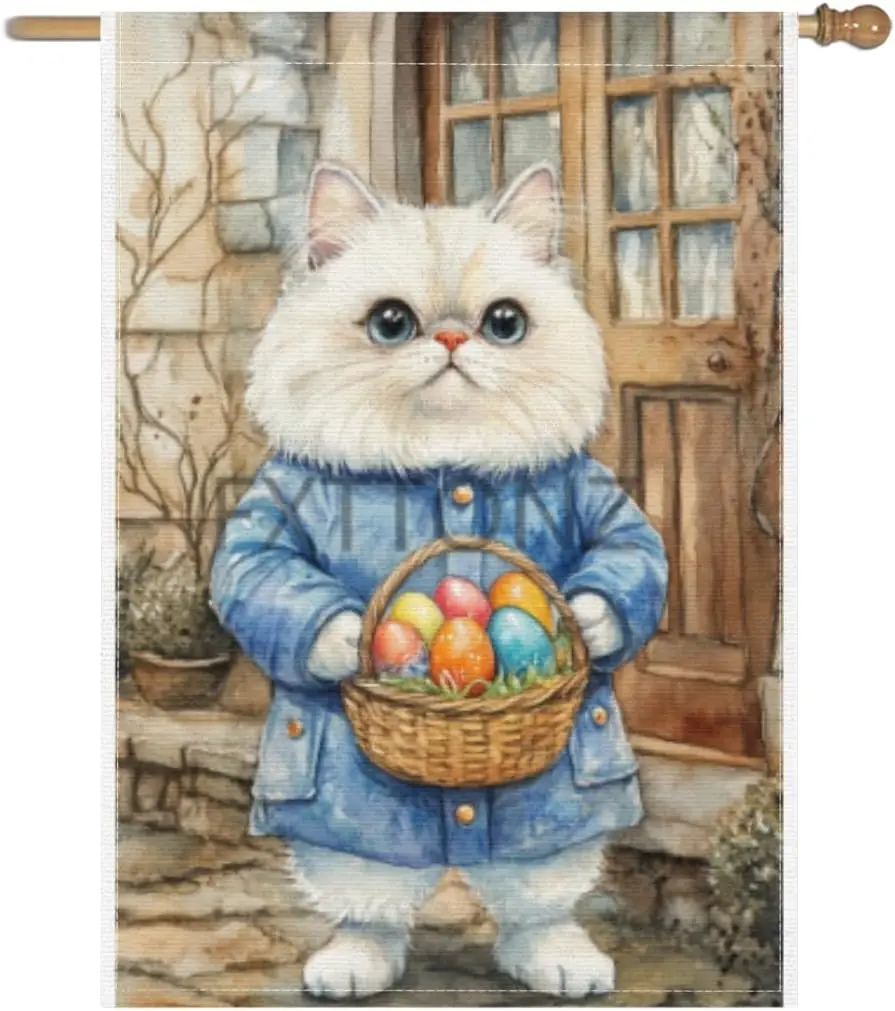 Easter Garden Flag 28x40 Inch Double Sided Persian Cat Easter Egg Yard Flags Happy Easter Decorations Cute Flag for Outdoor  ZZM