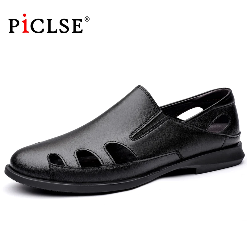 PICLSE Luxury Brand Business Dress Men Sandals Breathable Genuine Leather Shoes Men Sandalias Summer Moccasins Men Shoes Hombre