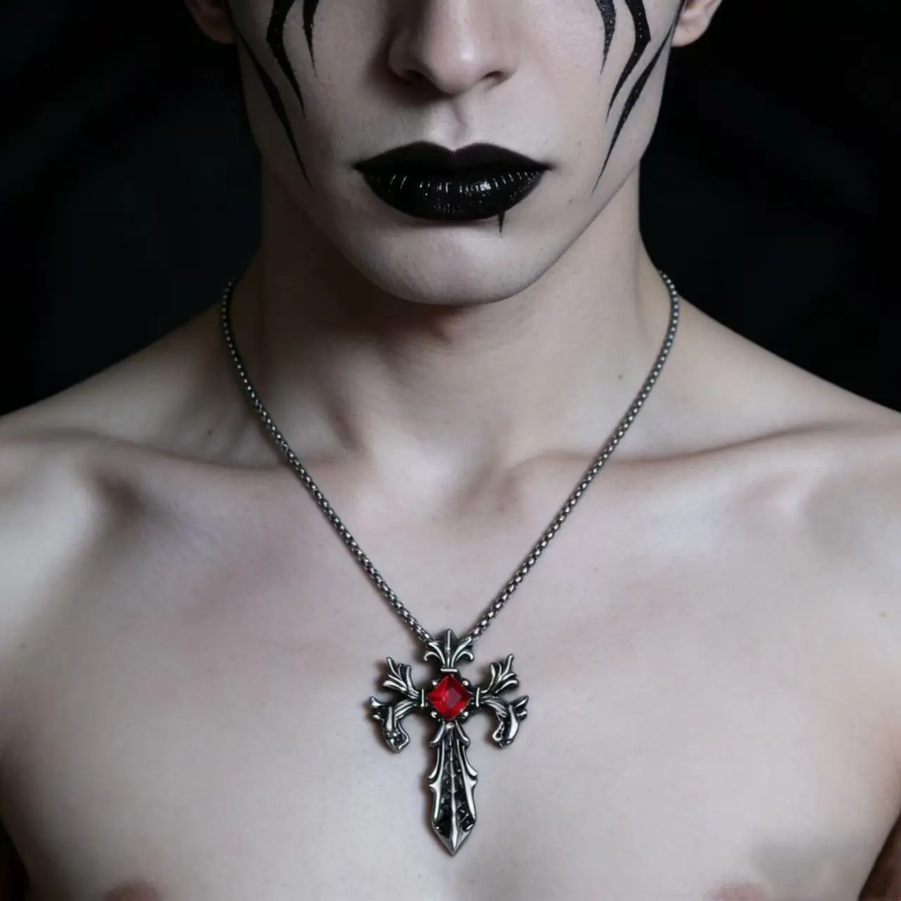 HNSP Gotischer Stil Design Roter Stein Kreuz-Anhänger Halskette Vintage Goth Schmuck Accessoire Geschenke – Detail 4