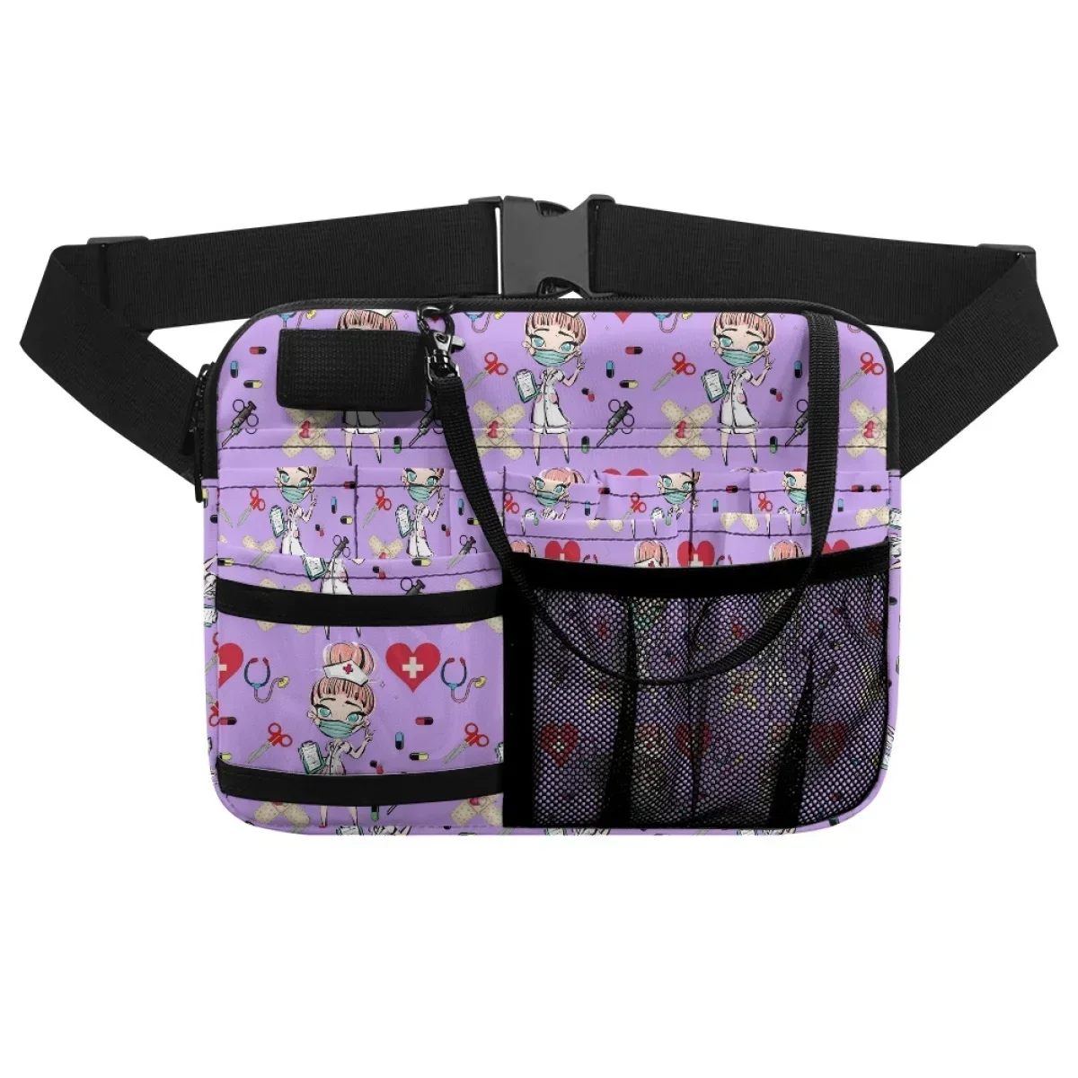 Sac banane portable pour infirmière, sac de taille multifonctionnel, sac médical de travail hospitalier, dessin animé violet, battement de cœur, concepteur de soins de santé