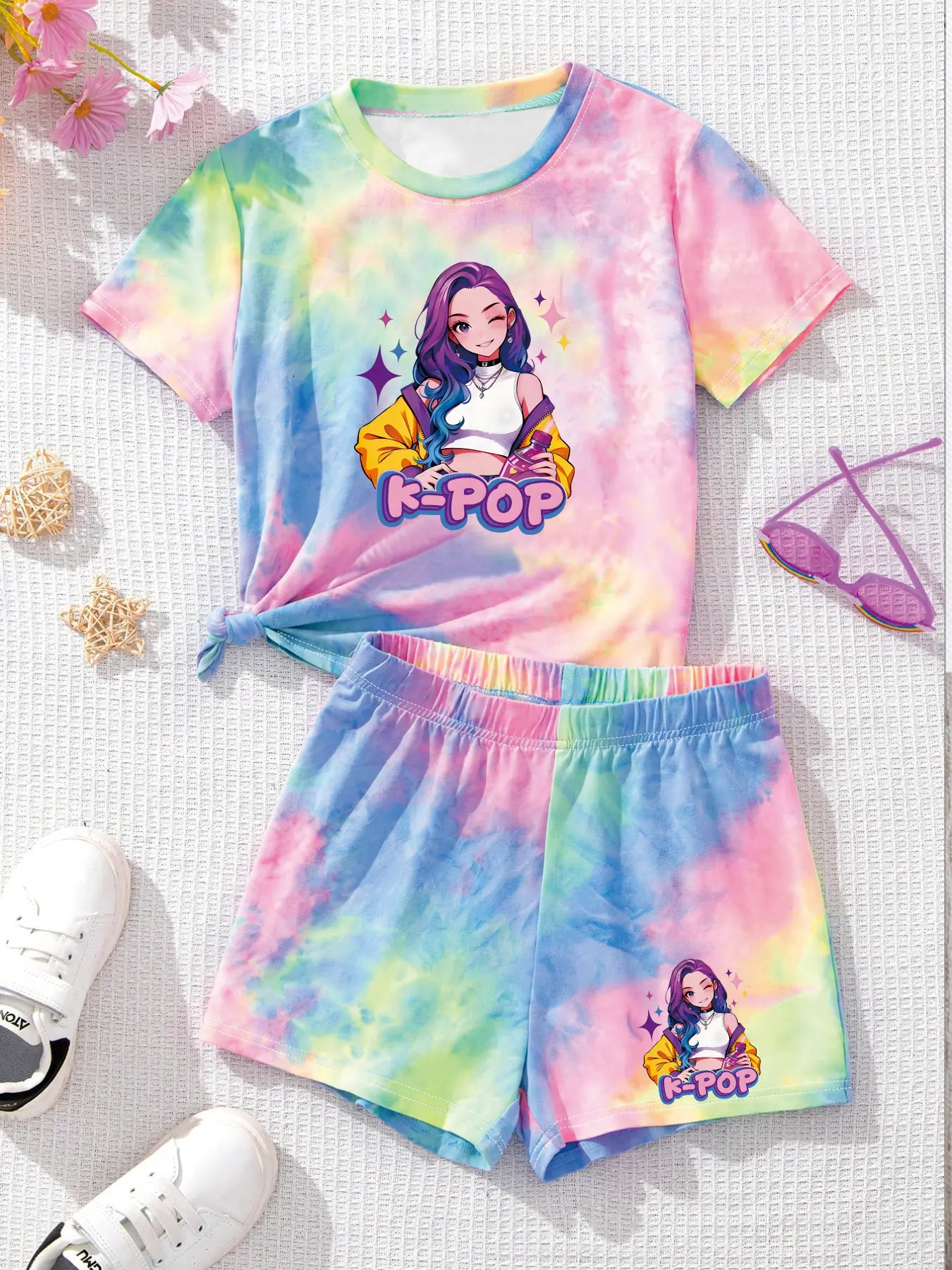 Trendy Tween Girls 2Pcs Tie-Dye K-POP Idol Print T-Shirt & Shorts Set Kids Summer Streetwear Casual All-Match Outfit