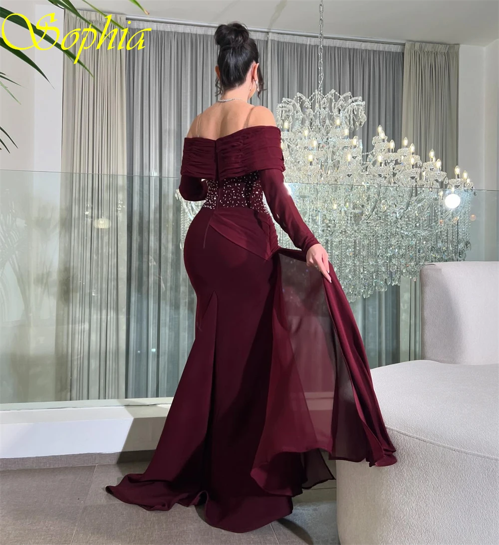 

Customized Elegant Red Jersey Evening Dress Formal Boat Neck Long Sleeves Party Dresses Delicate Mermaid Crystal Celebrity Gowns