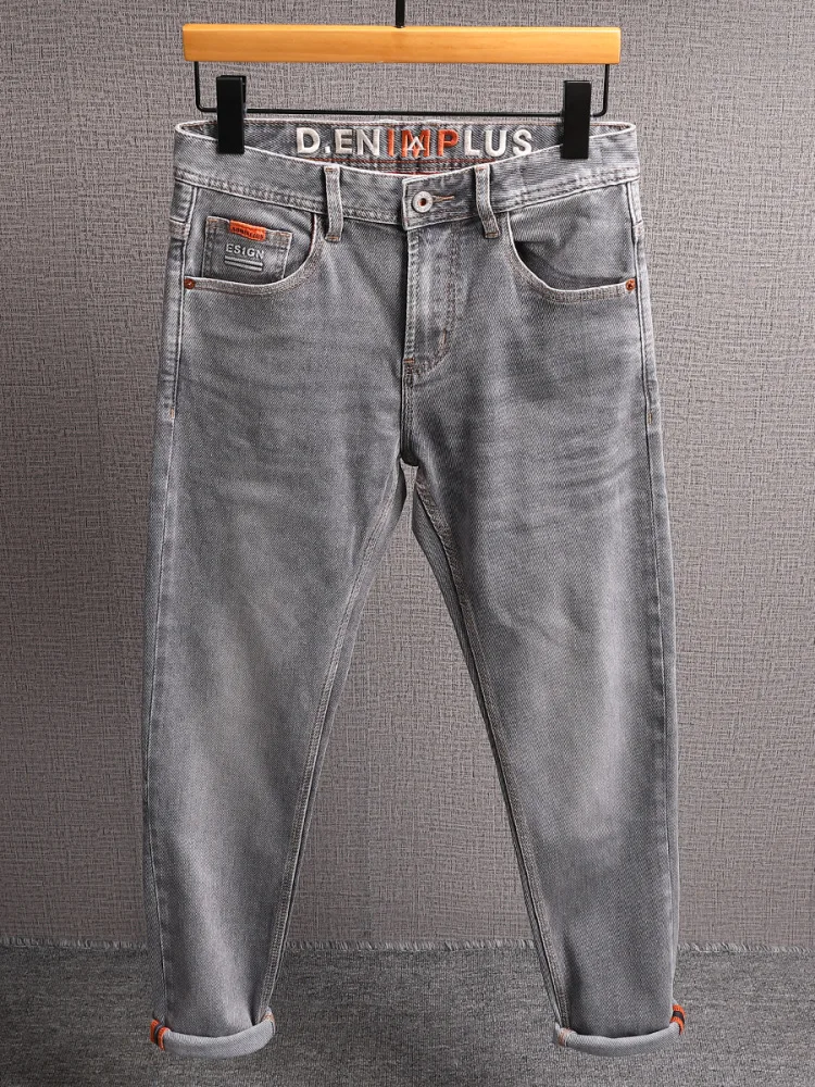 Pantalones vaqueros de tela de sarga suave de alta gama para hombre, pantalones elásticos pequeños de pierna recta, informales, a la moda, ligeros y de lujo