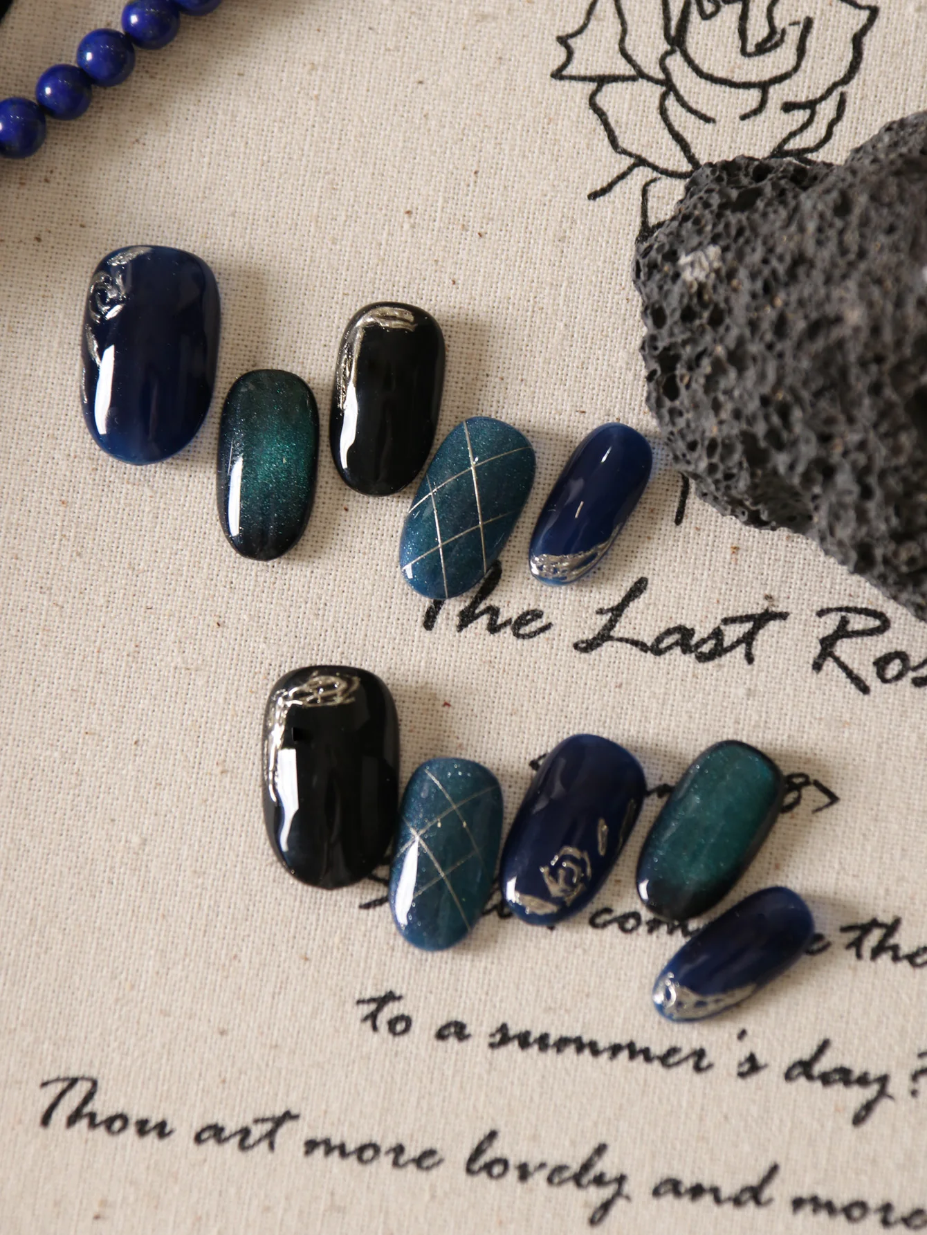 

10Pcs Press on Nails Blue Green Cat's Eye Silver Rose Fake Nails Includes 1 Sheet of Adhesive Tabs & 1 Pc Mini File