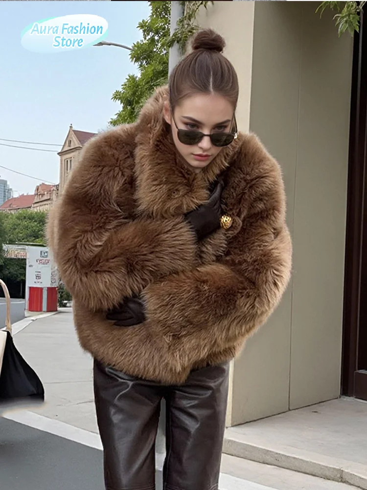 

Women Retro Brown Lapel Faux Fur Coat Fashion Luxury Fluffy Loose Long Sleeve Short Jacket 2025 Winter Thicken Warm Street Wear
