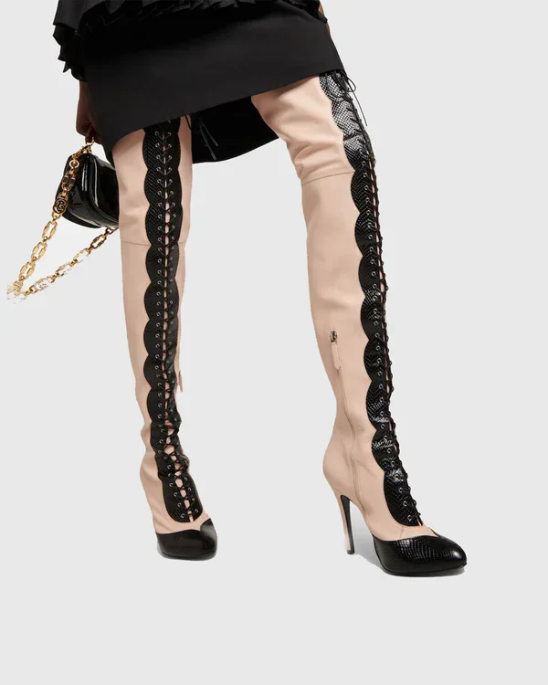 

Женские сапоги до бедра, синие, черные, на шнуровке, с зубчатым краем, с острым носком, на шпильке, модные вечерние сапоги выше колена