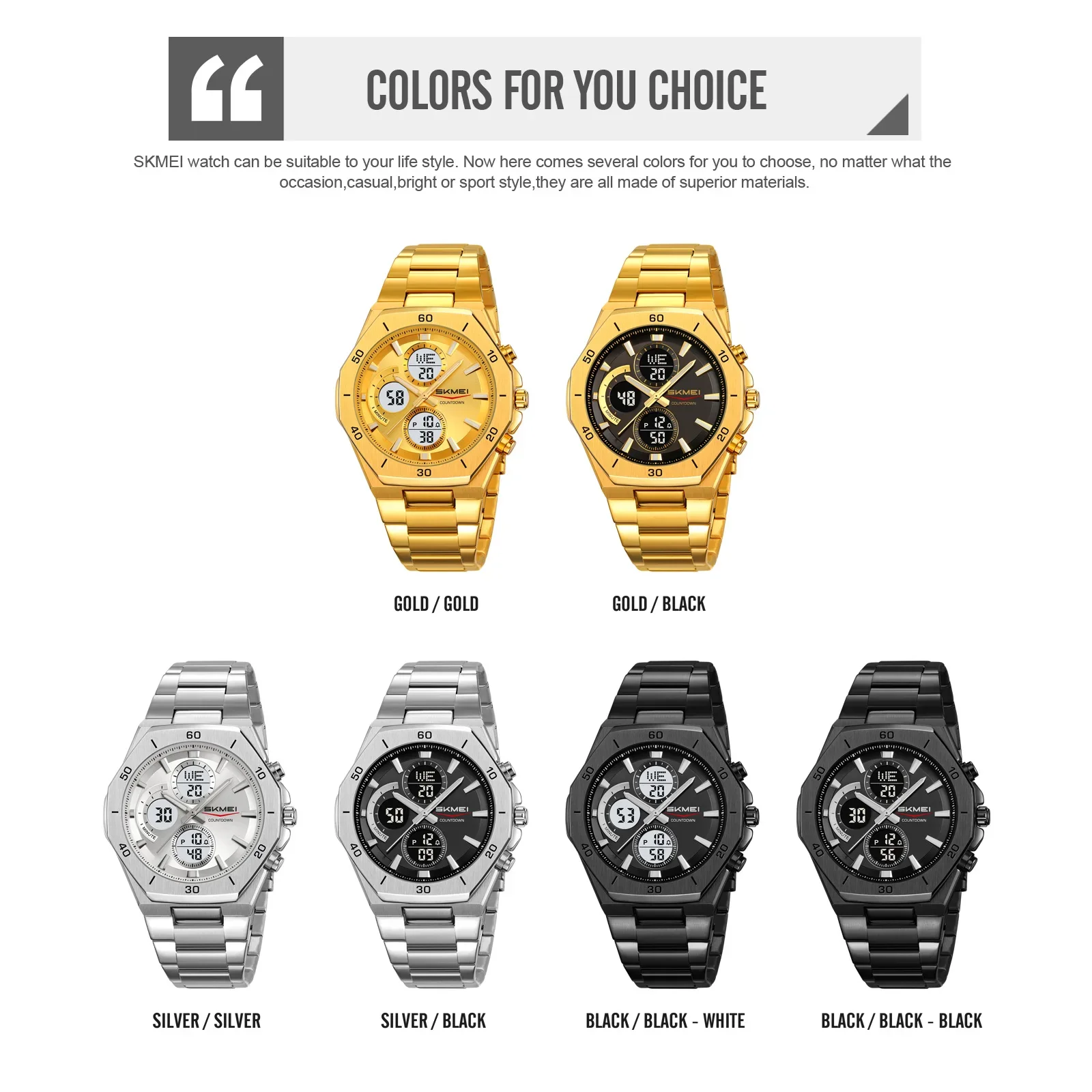 SKMEI 2561 Movement Multi - Functional EL Light 30M Waterproof Men's Silvery Gold Octagonal Watch Stainless Steel Strap Digital