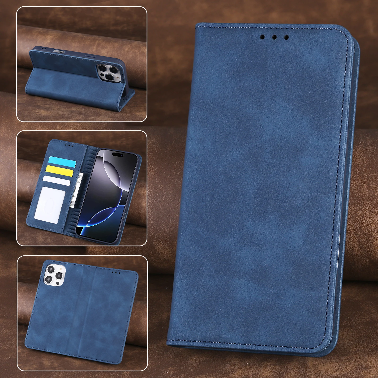 

Magnetic Closure Protective Cover Compatible with iPhone 16 pro max 3 Card Holder Kickstand Shockproof TPU Inner Case PU Leather