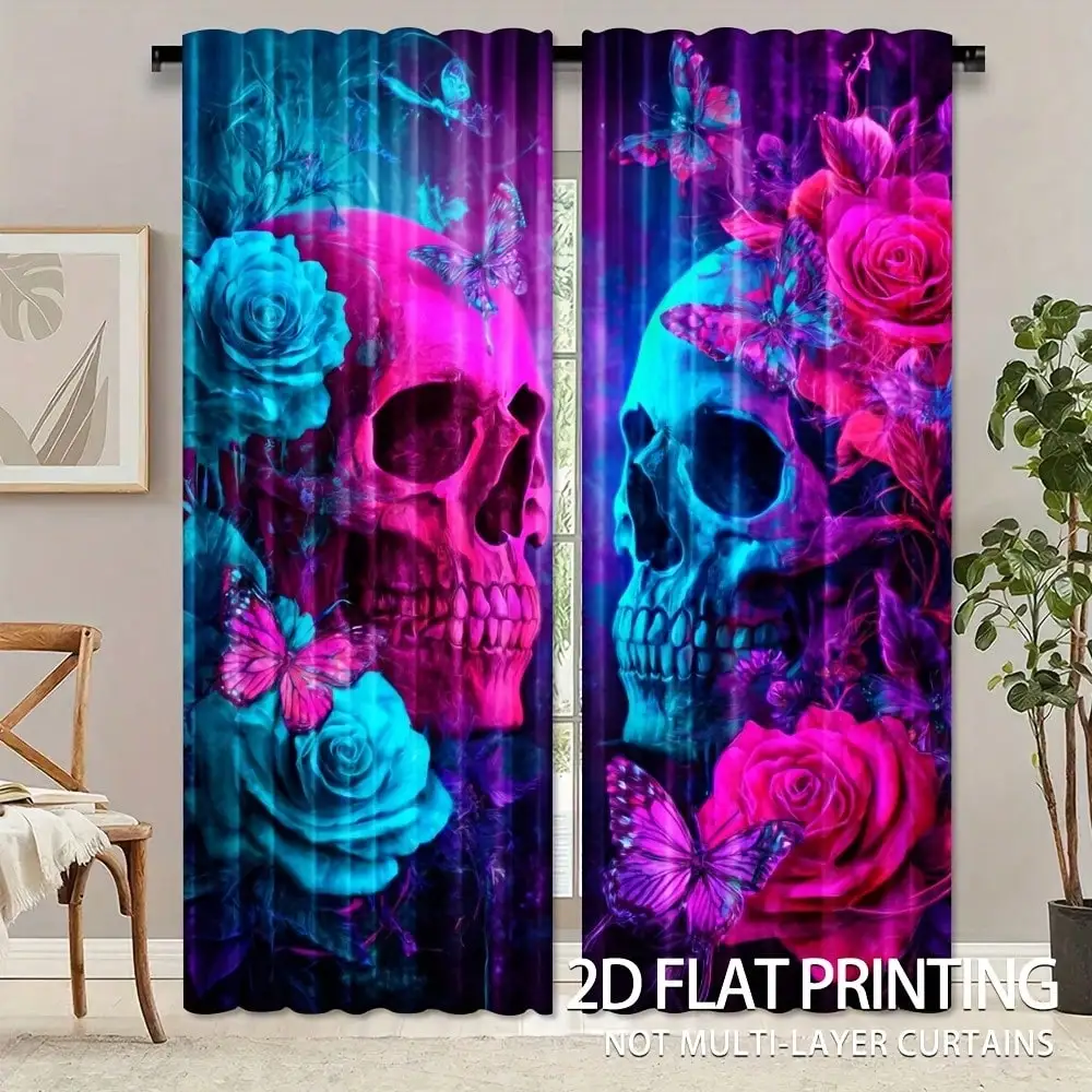2 Stück, Vorhänge mit Stangeneinsatz, Totenkopf-Rosen-Schmetterlings-Neon-Kunstdesign, lichtfilternd, für Schlafzimmer, Wohnzimmer, Büro, Maschine