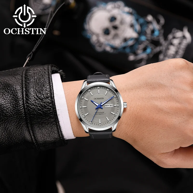 OCHSTIN Men Automatic Mechanical Wristwatch Men's Premium Genuine Leather Strap Daily‑life Waterproof Watch Male Classic Clock