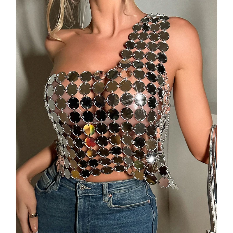 

Women 2024 One Shoulder Off Sequined Top For Nightclub Party Disc Metallic Body Chian Silver Sequin Chainmail Top