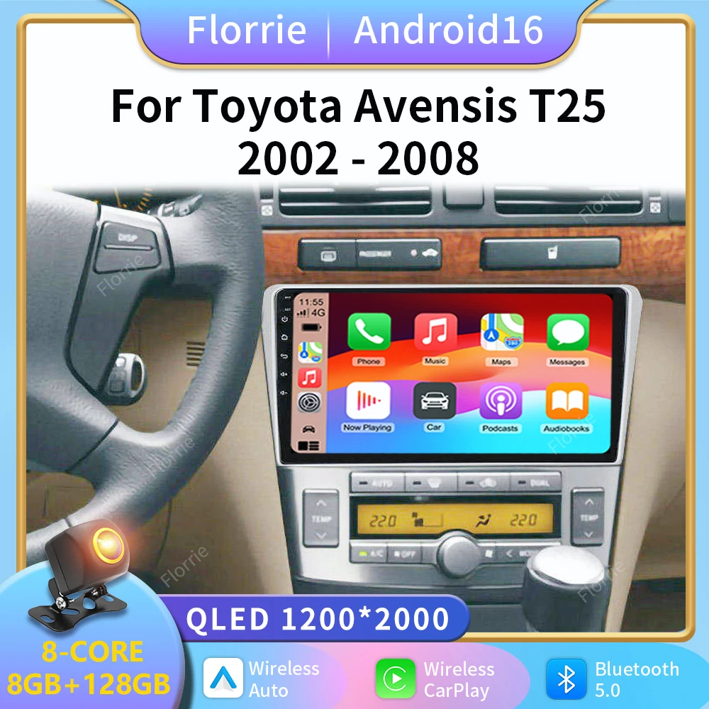 9 Inch Android 16 For Toyota Avensis T25 2002-2008 Car Radio GPS Navigation Multimedia Video Player Stereo Head Unit No 2din DVD