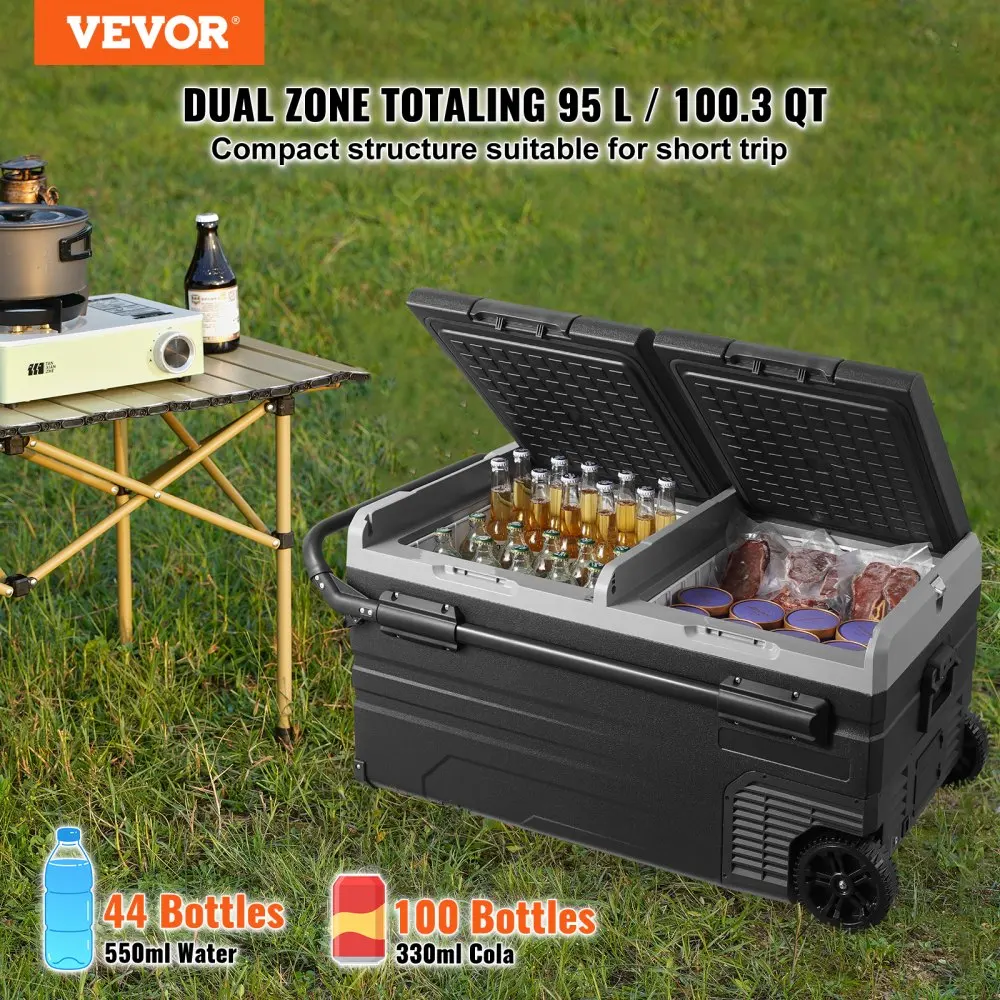 VEVOR 115L Car Refrigerator Car Refrigerator Fridge Dual Zone Freezer with Wheels and Handle -4℉-68℉ 12/24V DC