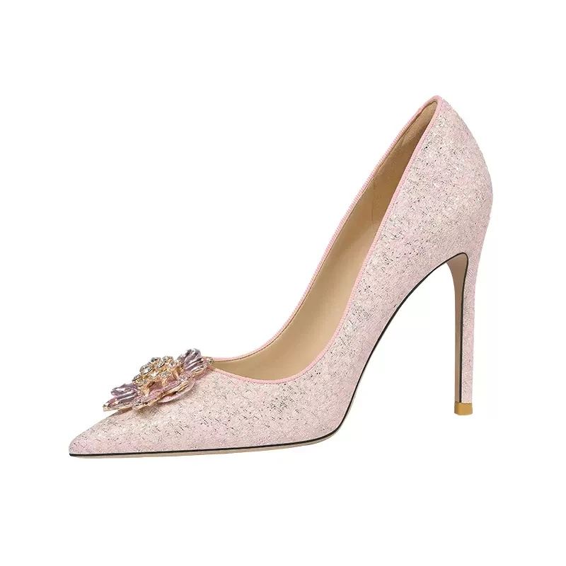 

Spring and summer new pointy pink sequins rhinestone professional single shoes thin high heels banquet dress large women's shoes