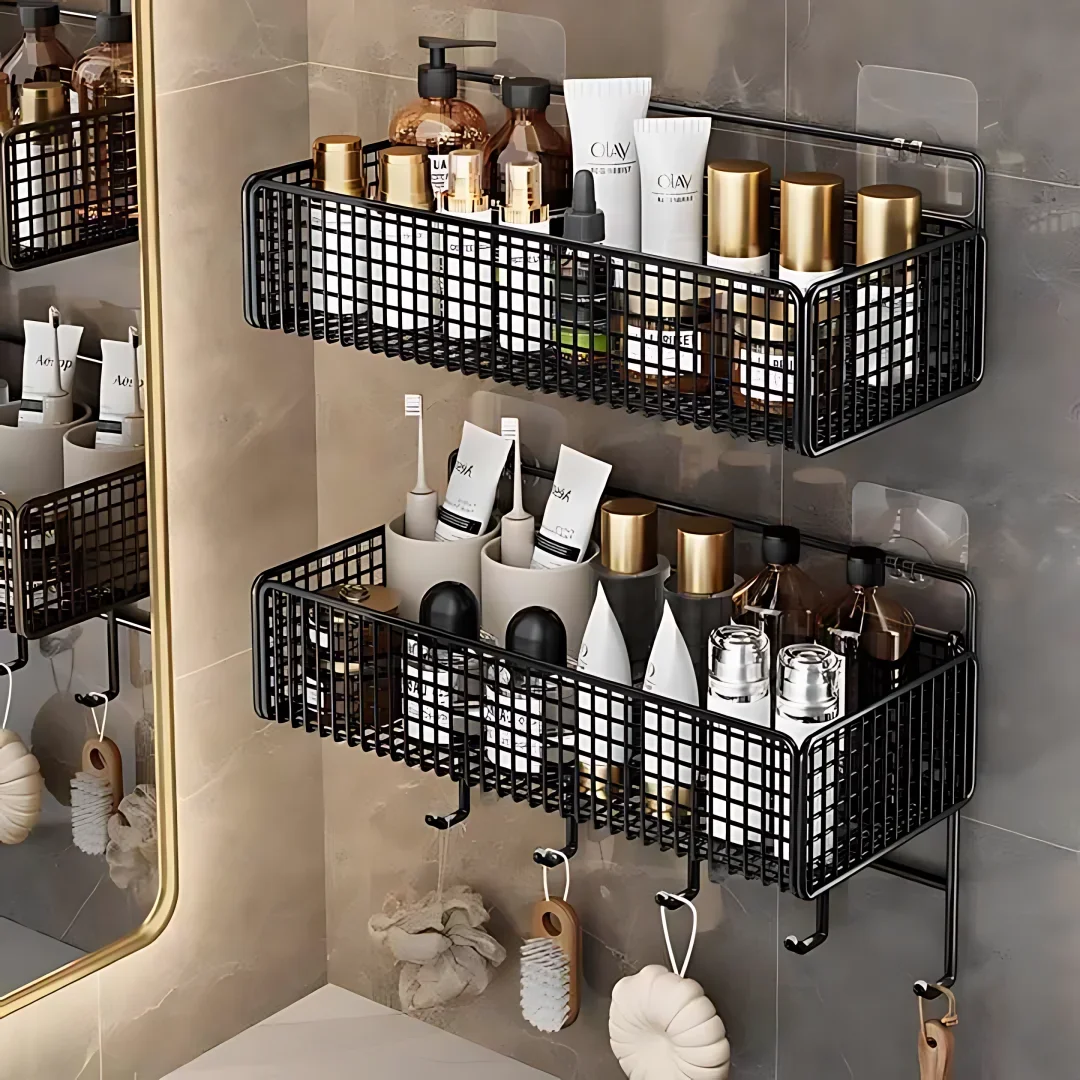 Bathroom Organiser Multifunctional Toiletries Organiser No-Punch Bathroom Shelf Bathroom Kitchen Wall Mount Storage Rack Ecoco