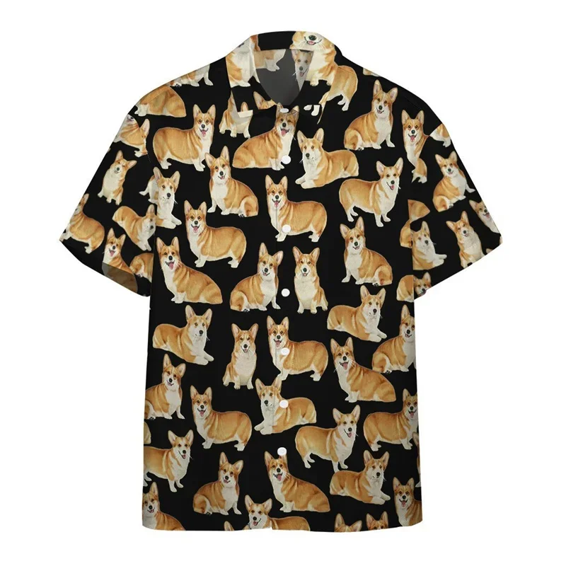 

Cartoon Corgi Dog Graphic Hawaiian Shirt For Men Summer 3d Printed Animal Pets Short Sleeves Street Tops Lapel Button Blouse