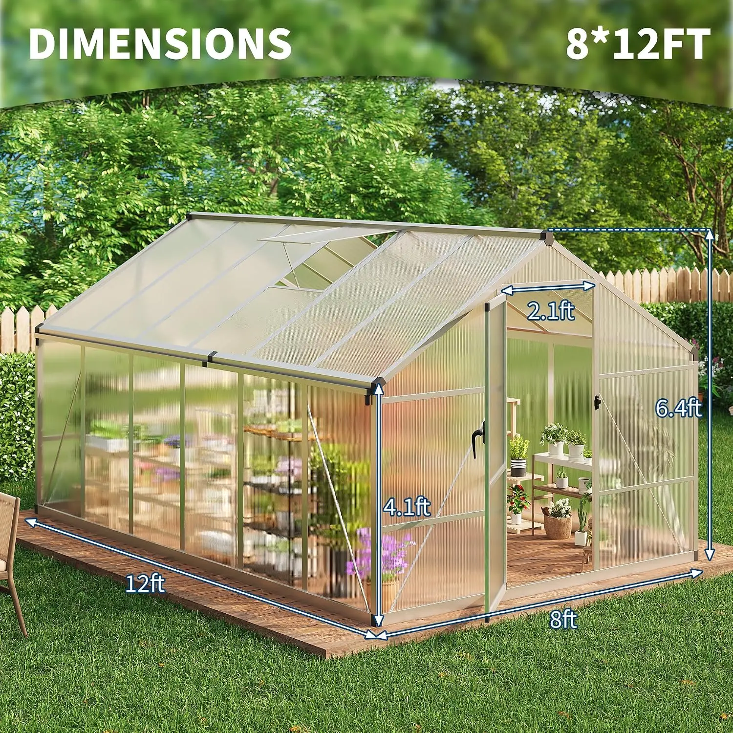 8x12 ft Walk-in Greenhouse, Polycarbonate Panels with Reinforced Aluminum Frame, Large Garden Green House for, Customized