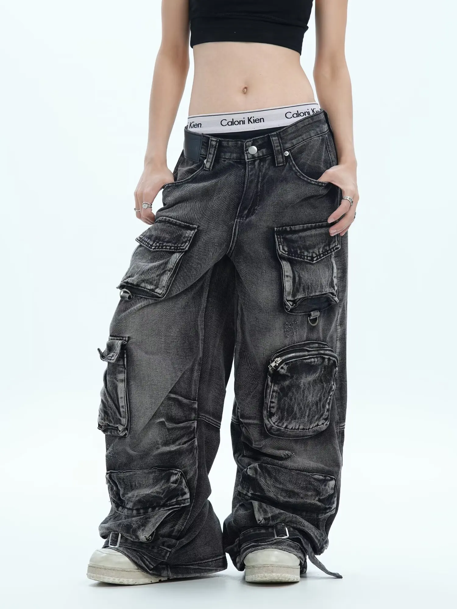 Pantalones vaqueros para mujer 2025, Otoño Invierno, Bolsillo grande Y2K, ropa de trabajo holgada, pantalones de paracaídas, pantalones vaqueros largos de cintura alta
