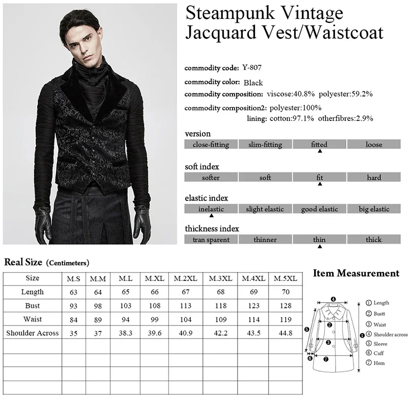 PUNK RAVE Steampunk Vintage Jacquard Vest Coffee Black Party Men Slim-fitting Bodycon Embroidery Waistcoat Gothic Adjustable