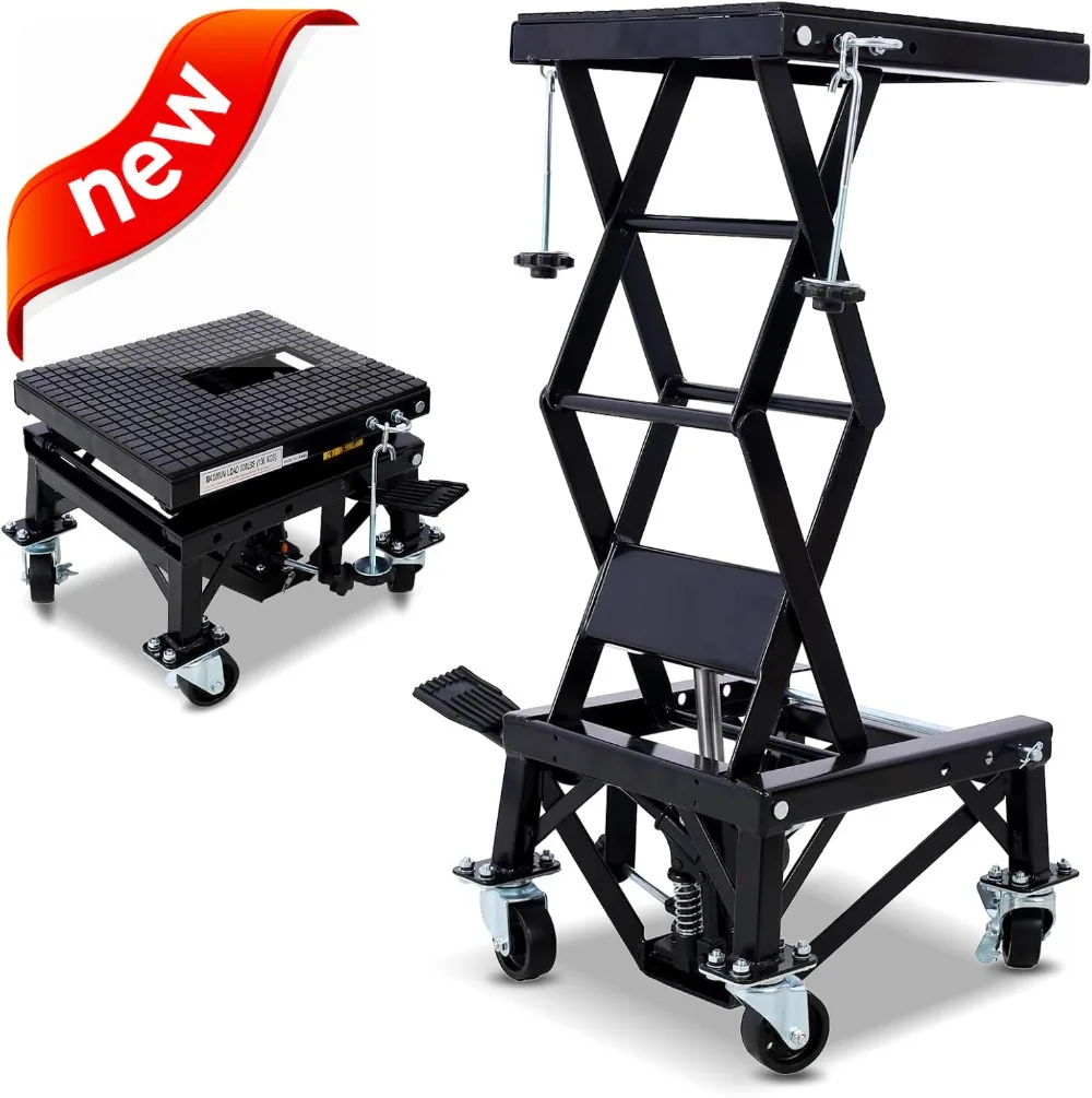 

300 lbs Hydraulic Motorcycle Scissor Jack Lift with 4 Locking Wheels for Dirt Bikes, Red/Black