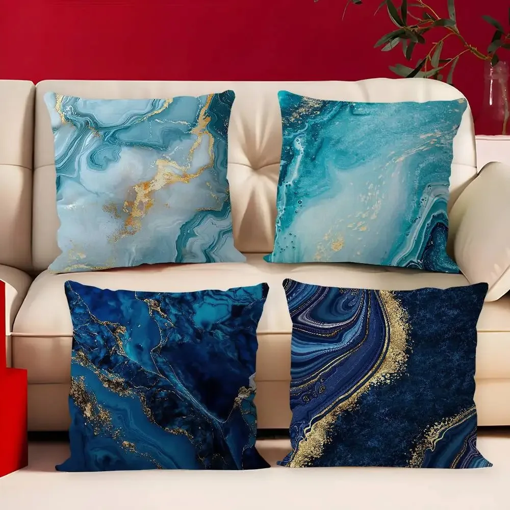 Home Decor Blue And Gold Marbled Pattern Pillow Covers Cushion Cover Suitable For Sofa Bedroom Car Pillow Cover