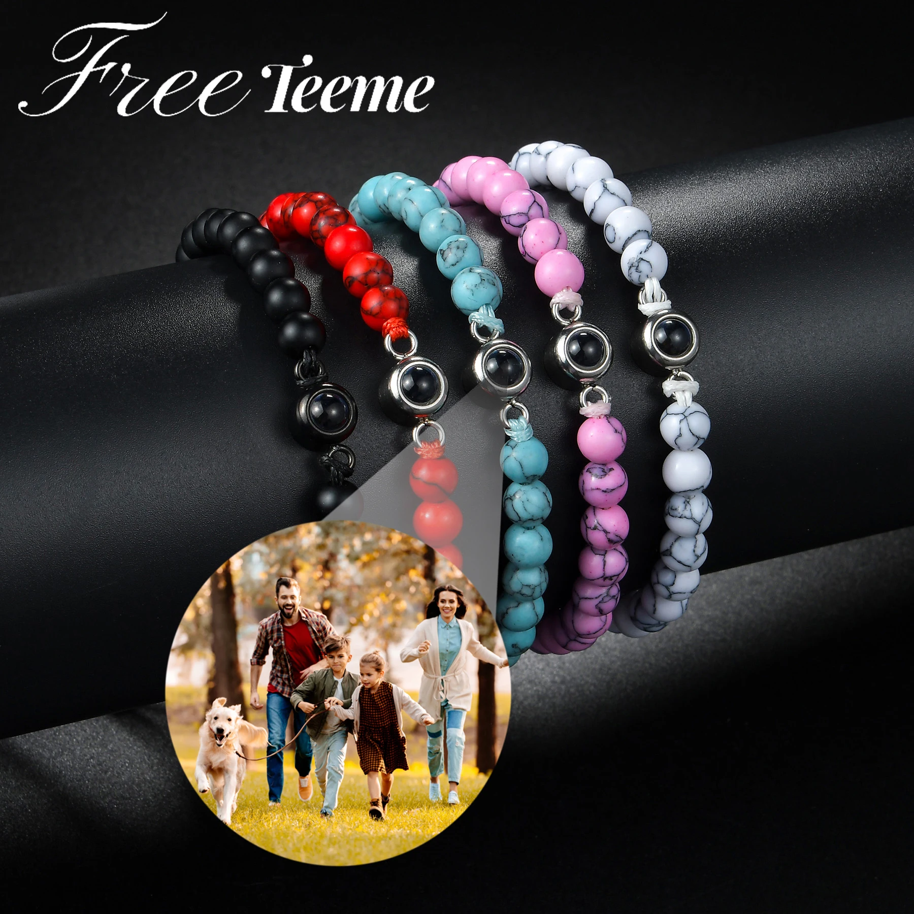 Freeteeme Personalized Photo Projection Bracelets for Women Couple Custom Picture Natrual Stone Chain Bracelet Birthday Gift