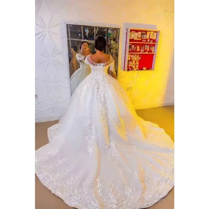 Customized Amazing Scoop Neck Lace Appliques Wedding Dress Corset Back Long Sleeves Vestidos De Novia Ballgown Bridal Gowns