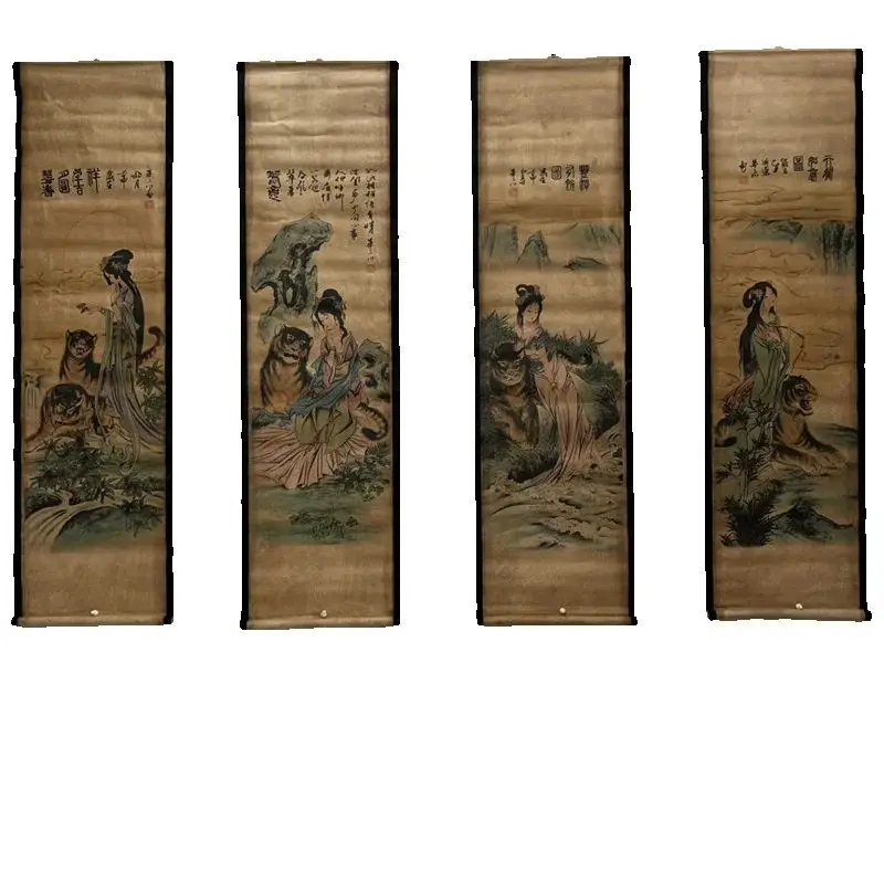 

Chinese Old Paper Calligraphy Paintings Scrolls, Traditional Chinese Poems And Painting, Tiger Woman Four Map Art Decorations