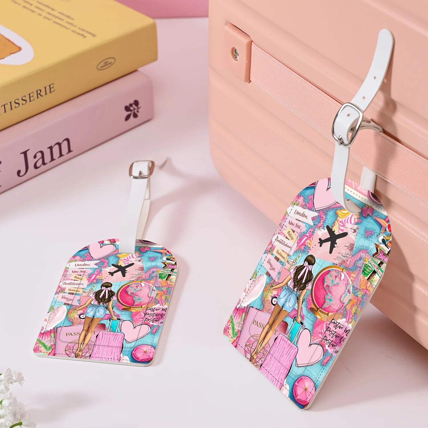 Pink Girl Travel World Map Luggage Tag Airplane Heart Globe Pattern Suitcase Identifier Label with Strap for Travel Baggage