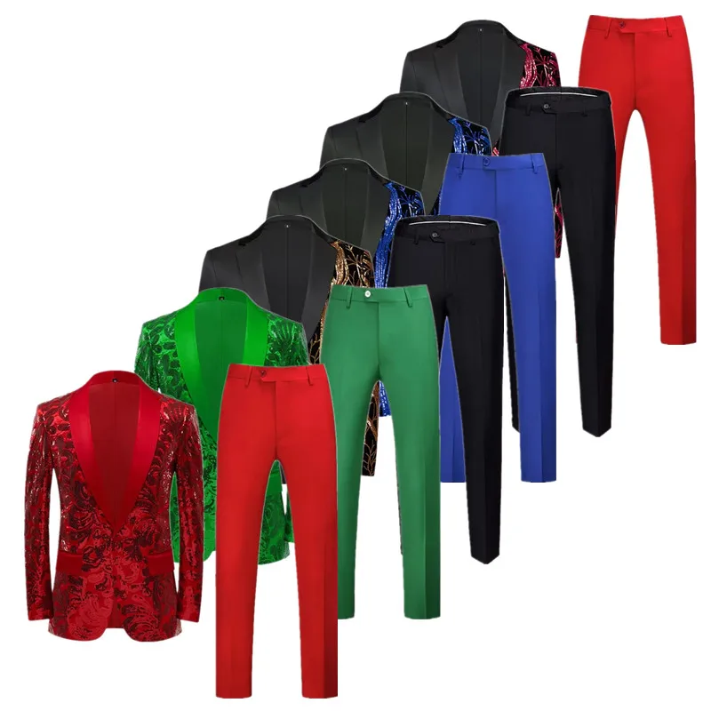 Fato de lantejoulas luxuoso masculino, Jaqueta e Calça, Blazer, Calças, Dourado, Verde, Masculino, Casamento, Festa de Dança, Palco, Vestido, Moda