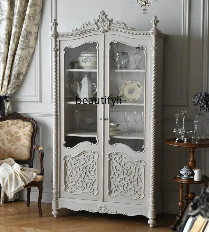 xx1French solid wood dining side cabinet, European carved Roman column storage display cabinet, living room retro bookcase