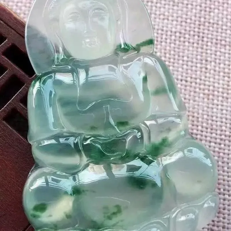 Guanyin with floating floral design Bodhisattva amulet, Tara pendant Burmese Duolong jade unisex style